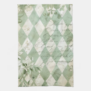 Vintage Green Harlequin Floral Script Kitchen Towel