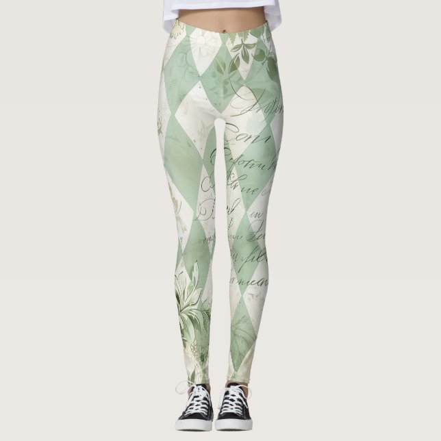 Vintage Green Harlequin Floral Script Leggings (Front)