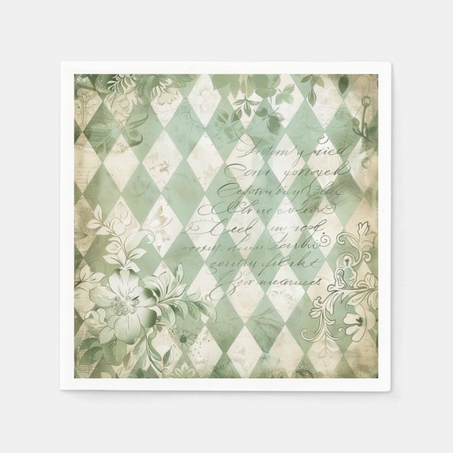 Vintage Green Harlequin Floral Script Napkin (Front)