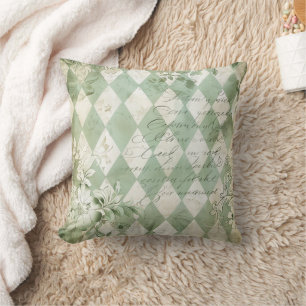 Vintage Green Harlequin Floral Script Throw Pillow