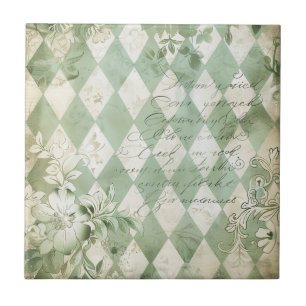 Vintage Green Harlequin Floral Script Tile
