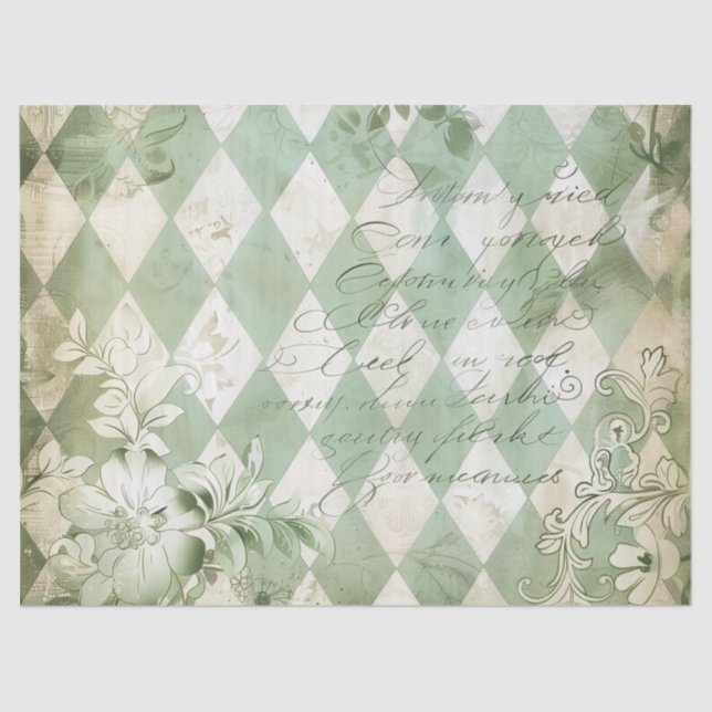 Vintage Green Harlequin Floral Script Tissue Paper (Front)