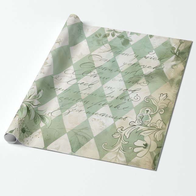 Vintage Green Harlequin Floral Script Wrapping Paper (Unrolled)