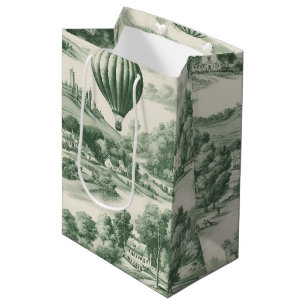 Vintage Green Hot Air Balloon Toile Pattern Medium Gift Bag