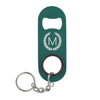 Vintage Green & Linen White Laurel Wreath Monogram Keychain Bottle Opener