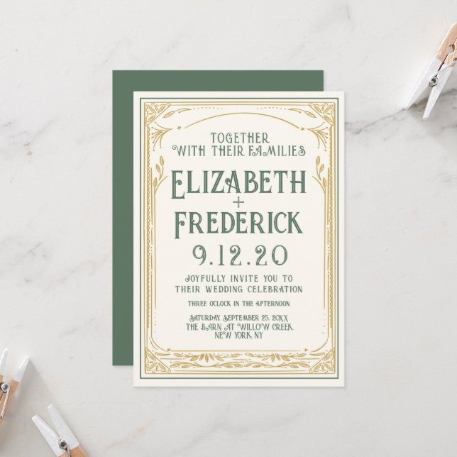 Vintage Green Old Print Wedding Invitation (Front/Back In Situ)