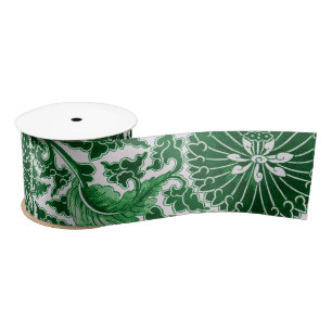 Vintage Green Ornamental Floral Pattern Satin Ribbon