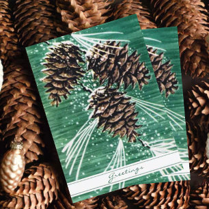 Vintage Green Pine Cone Forest Greetings Holiday Card