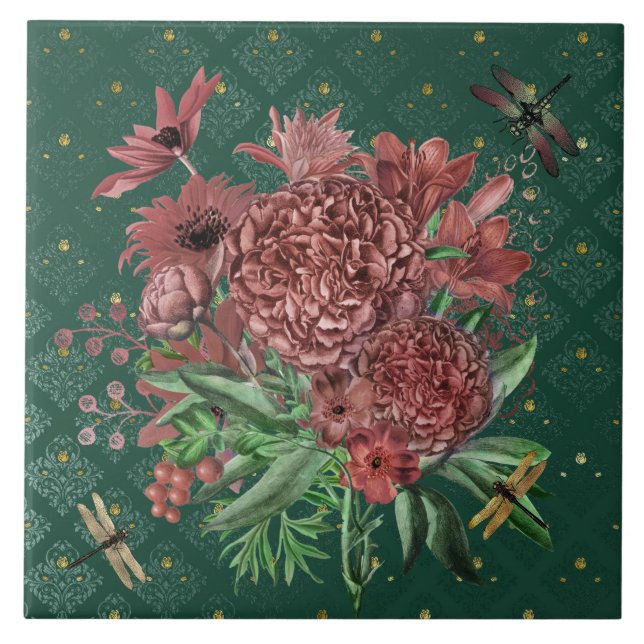 Vintage Green Pink Floral Dragonflies Tile (Front)