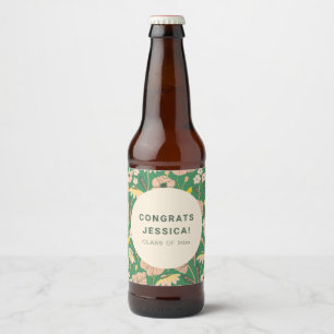 Vintage Green Pink Floral Graduation Party Custom Beer Bottle Label