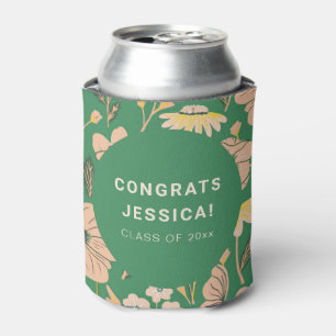 Vintage Green Pink Floral Graduation Party Custom Can Cooler