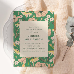 Vintage Green Pink Floral Photo Graduation Party Invitation