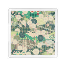 Vintage Green Pink Japanese Kimono Floral Flower