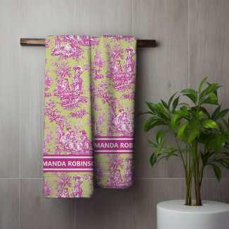 Vintage green pink toile de jouy printed bath towel set