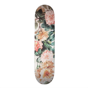 Vintage green pink yellow watercolor roses floral. skateboard