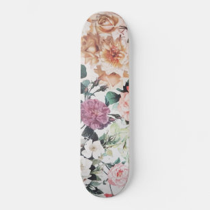 Vintage green pink yellow watercolor roses floral skateboard