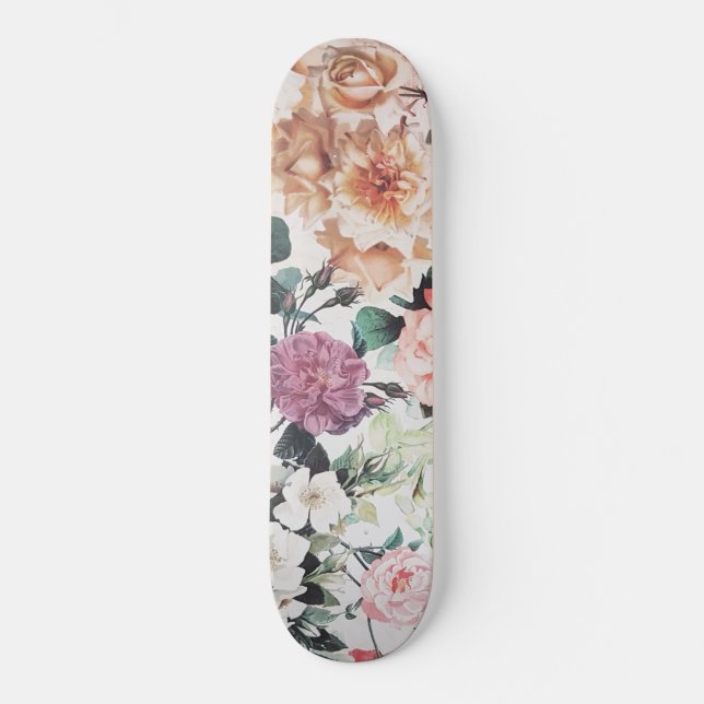 Vintage green pink yellow watercolor roses floral skateboard (Front)