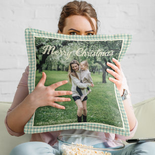 Vintage Green Plaid Gingham Rustic Photo Christmas Throw Pillow