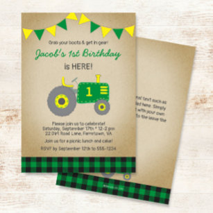 Vintage Green Plaid Tractor Birthday Invitation