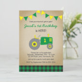 Vintage Green Plaid Tractor Birthday Invitation (Standing Front)
