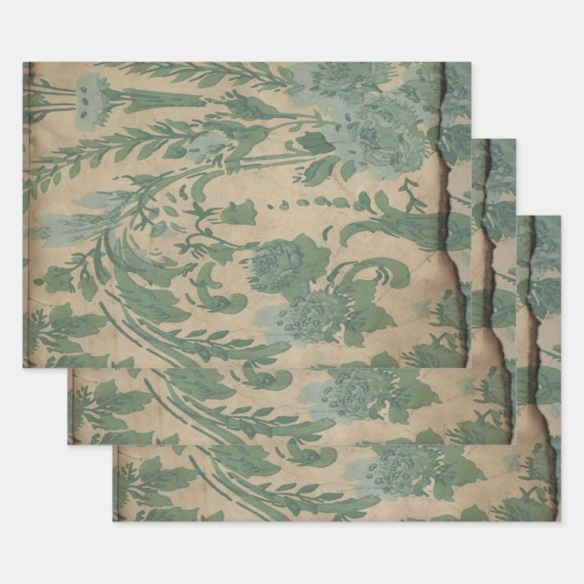 Vintage Green Plants on Brown Wrapping Paper Sheet (Set)