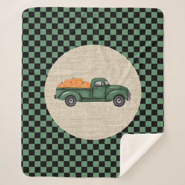 Vintage Green Pumpkin Truck Sherpa Blanket (Front)