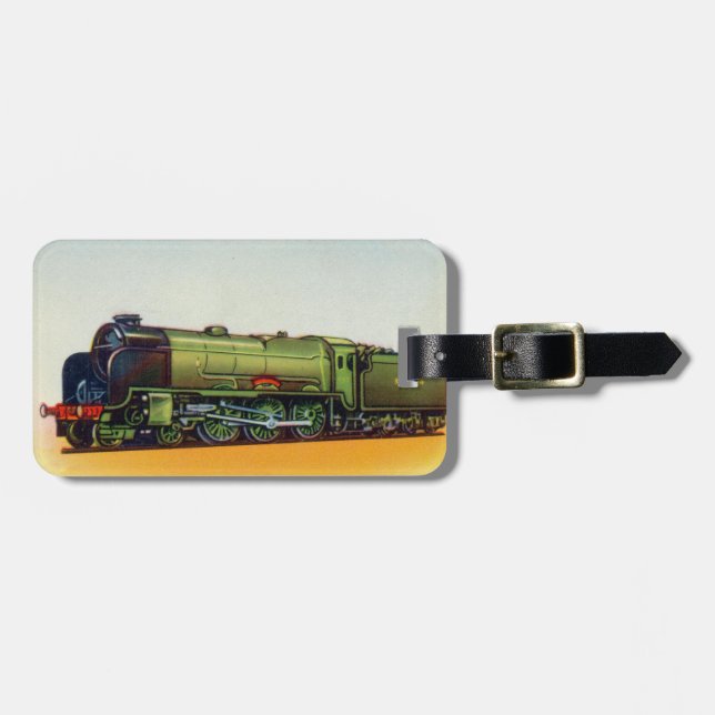 Vintage Green Railroad Engine Luggage Tag (Front Horizontal)