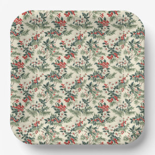 Vintage Green & Red Winterberry Christmas Paper Plate