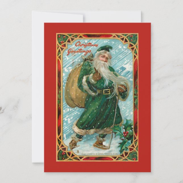 Vintage Green-Robed Santa in Snow Holiday Card (Front)