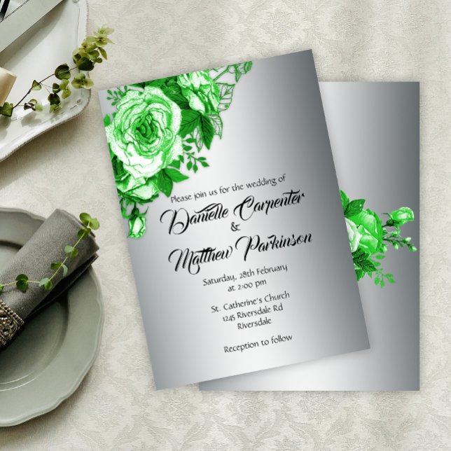 Vintage Green Roses Silver Wedding  Invitation (Creator Uploaded)