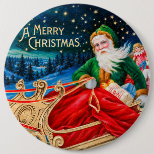 Vintage Green Santa Sleigh Starry Night Christmas 6 Inch Round Button
