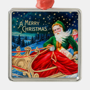 Vintage Green Santa Sleigh Starry Night Christmas Metal Ornament