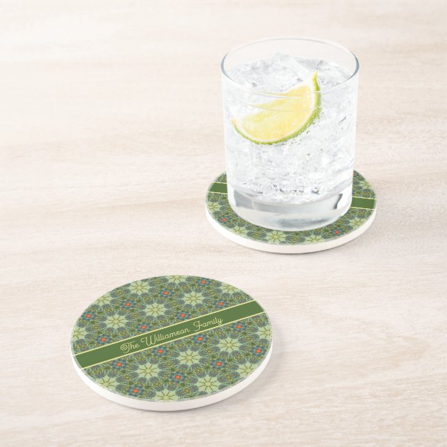 Vintage Green Shades Blue Flowers Coaster (Side)