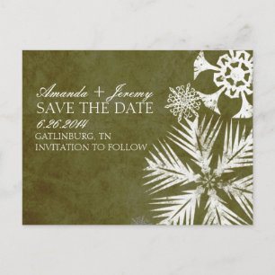 Vintage Green Snowflakes Save the Date Announcement Postcard