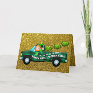 Vintage Green St Patrick truck leprechaun and text Card