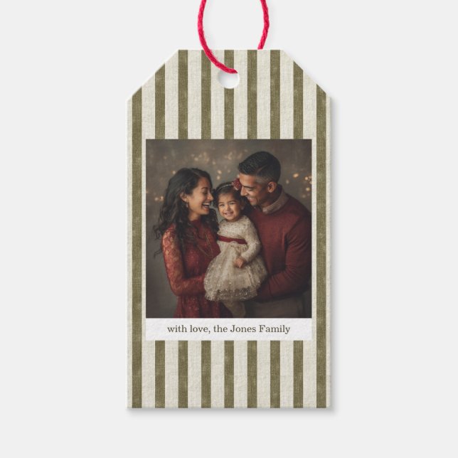 Vintage Green Stripes Christmas Photo Gift Tag (Front)