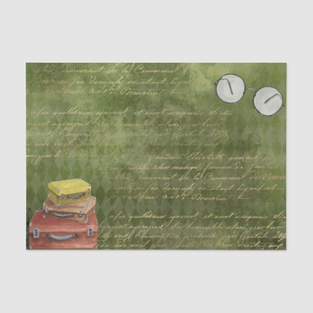 Vintage Green Suitcases and Glasses Decoupage Tissue Paper (Front)