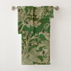 Vintage Green Tan Damask Floral Dragonflies Bath Towel Set