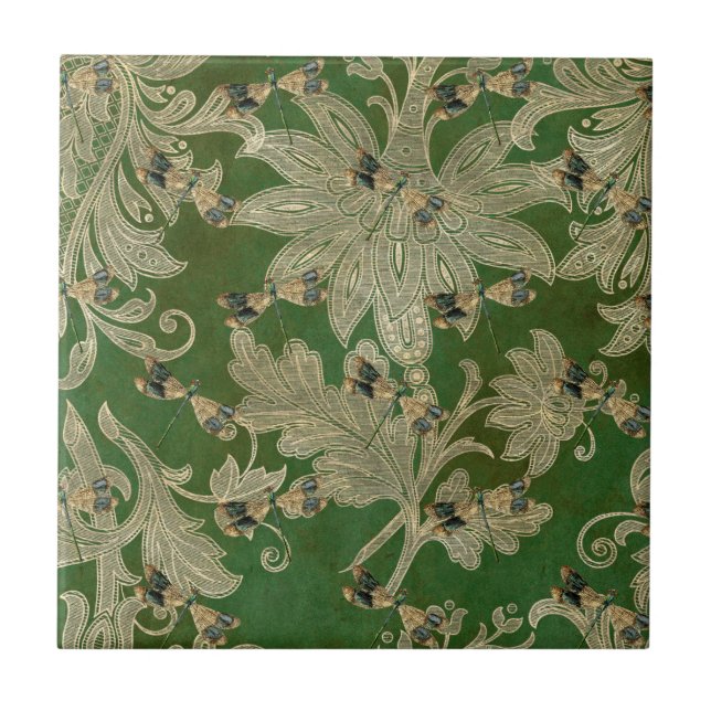 Vintage Green Tan Damask Floral Dragonflies Tile (Front)