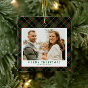 Vintage Green Tartan Plaid Photo Christmas Ceramic Ornament