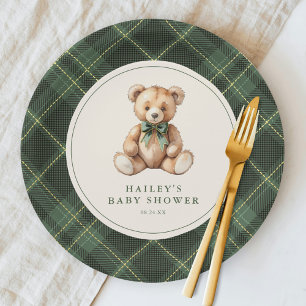 Vintage Green Tartan Teddy Bear Baby Shower Paper Plate