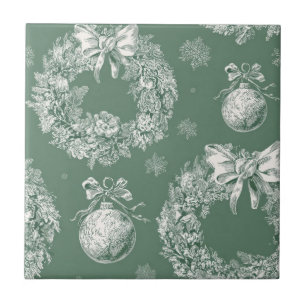Vintage Green Toile Christmas Wreath (2) Tile