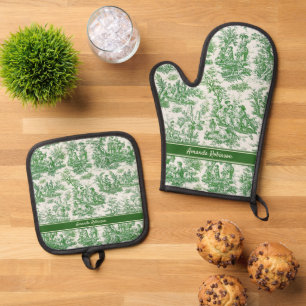 Vintage green toile de jouy printed oven mitt & pot holder set