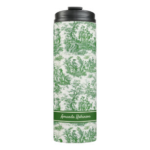 Vintage green toile de jouy printed thermal tumbler