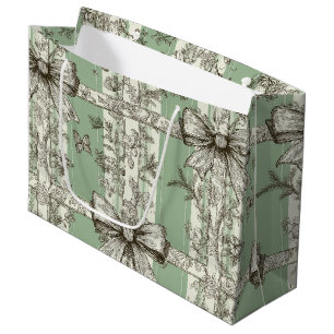 Vintage Green Toile Ribbon Large Gift Bag