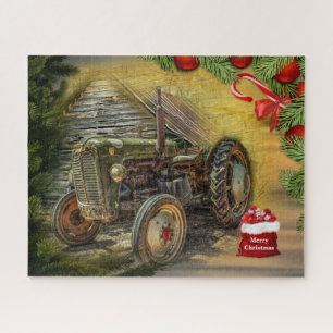 Vintage Green Tractor Barn Christmas Jigsaw Puzzle