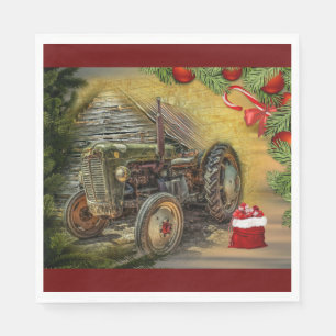 Vintage Green Tractor Barn Christmas Napkin
