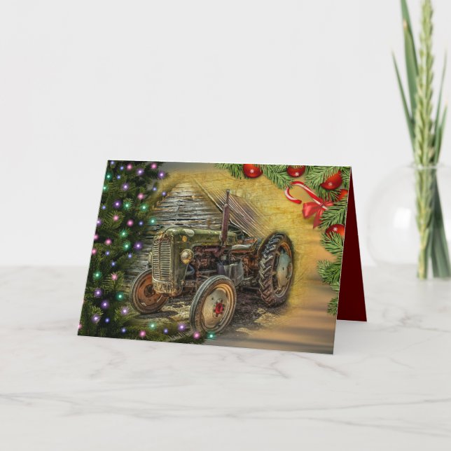 Vintage Green Tractor Christmas Holiday Card (Front)