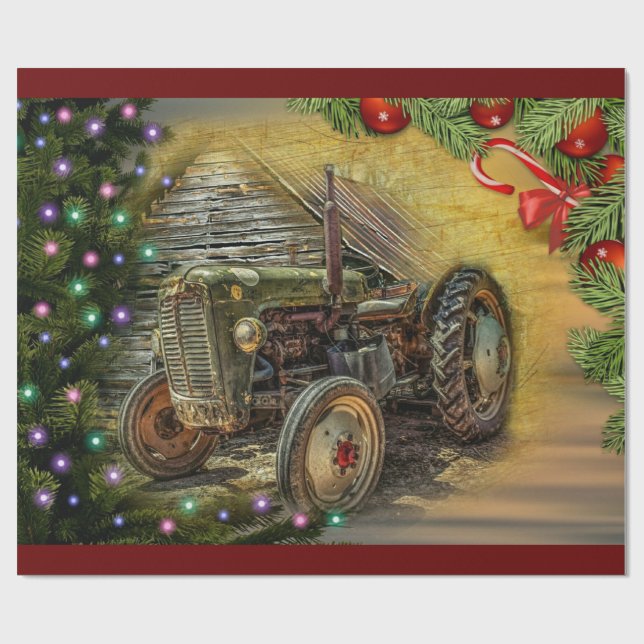 Vintage Green Tractor Christmas Wrapping Paper (Flat)