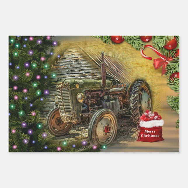 Vintage Green Tractor Christmas Wrapping Paper Sheet (Front)